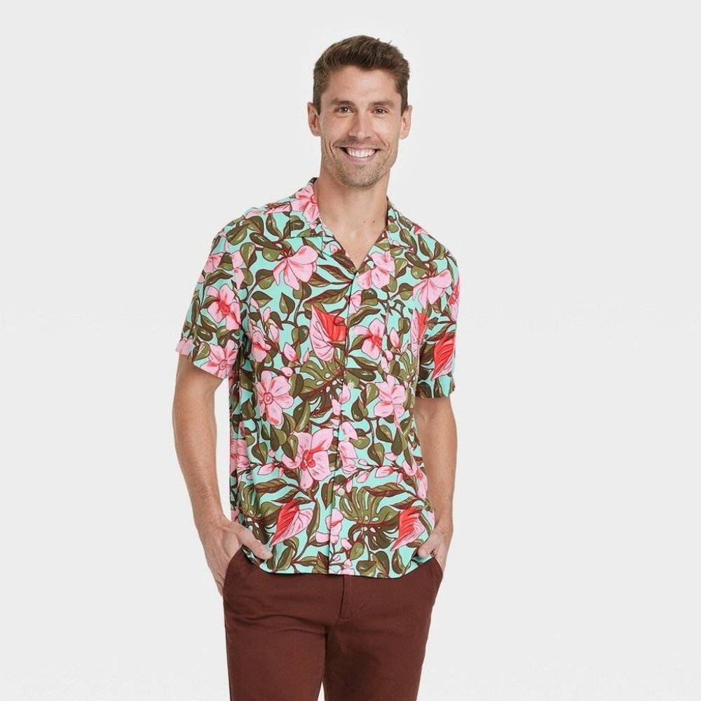 Goodfellow & Co Men's Floral Print Collared Button-Down, Green, Size XXL, NWT